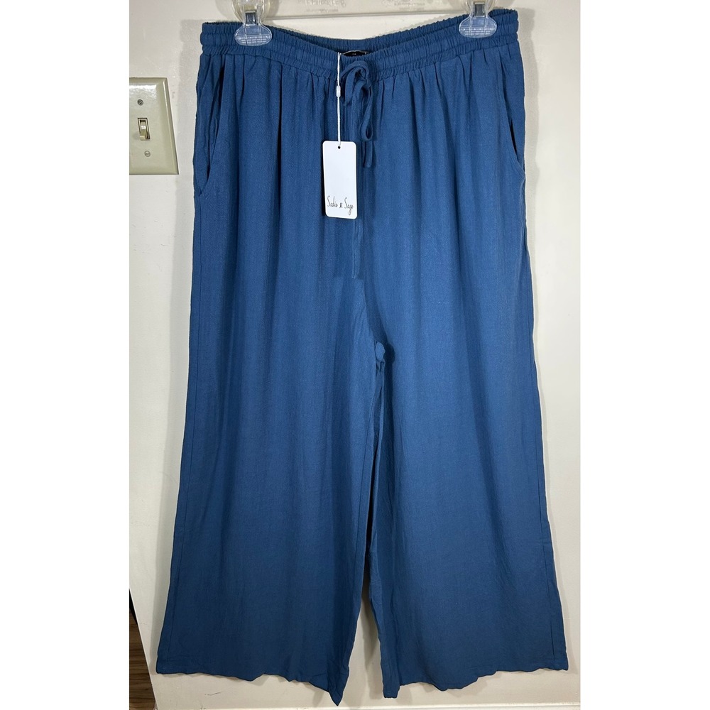 Sadie & Sage Wide Leg Pants Women L Indigo Sugarloaf Linen Blend Pull On Breezy